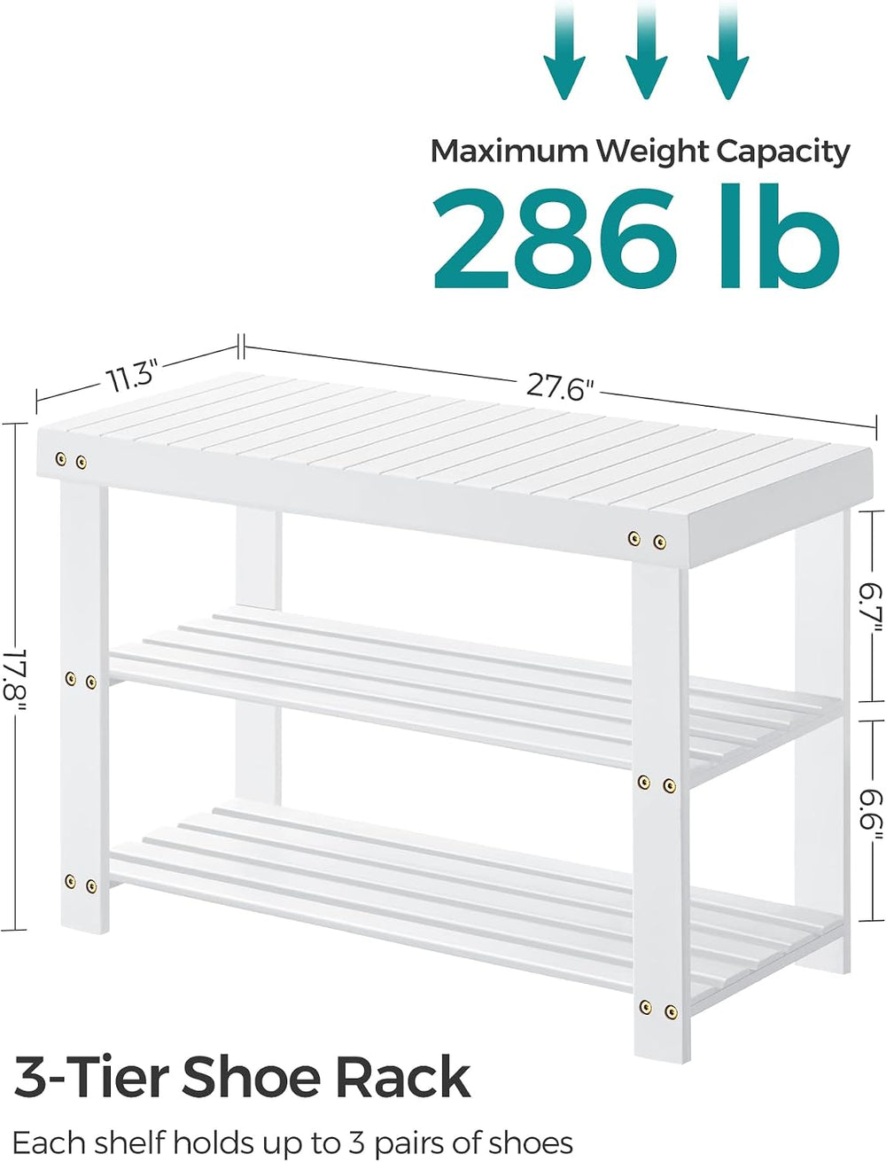 SONGMICS Shoe Rack Bench, 3-Tier Bamboo Entryway Bench, 27.6 Inches Width