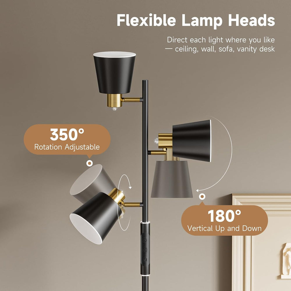 36W LED Tree Floor Lamp, 3 Rotatable Lights Standing Lamps for Living Room