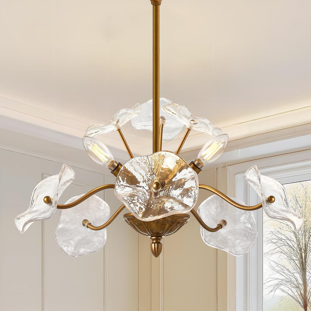 Luvkczc Modern Gold Chandelier,Vintage Brass Flower Glass Pendant Light Fixtu...