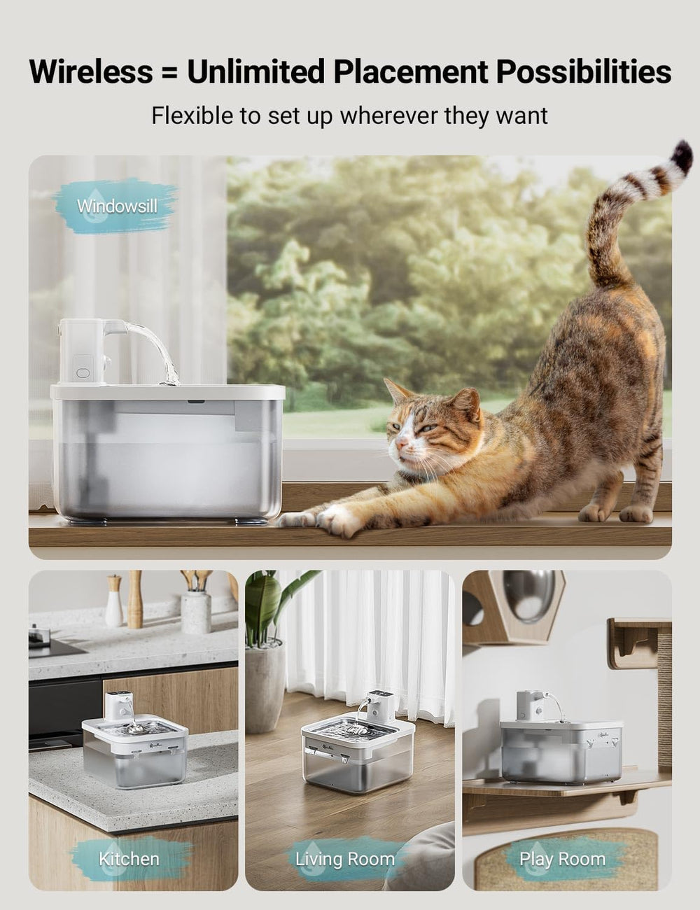 DownyPaws Cat Water Fountain Cordless, Pet Fountain, 84oz/2.5L, White Pro
