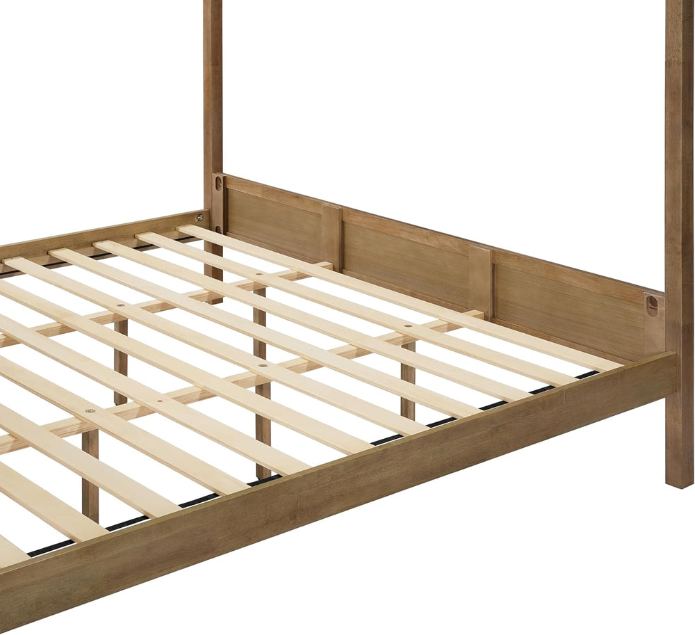 Merax King Canopy Bed Frame with Headboard & 4 Posters, Antique Natural