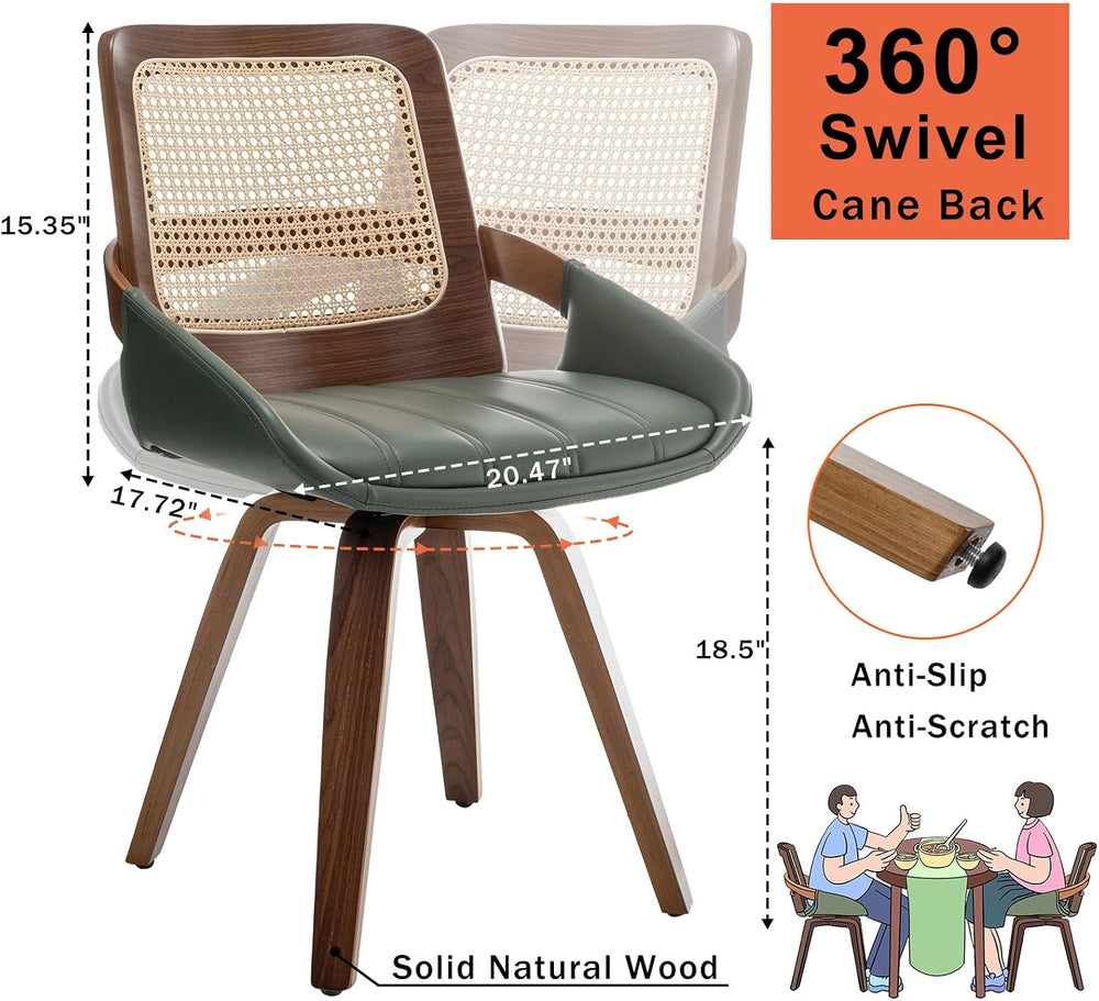 Set of 2 Green Rattan Dining Chairs - Mid Century Modern Dining Chairs with W...