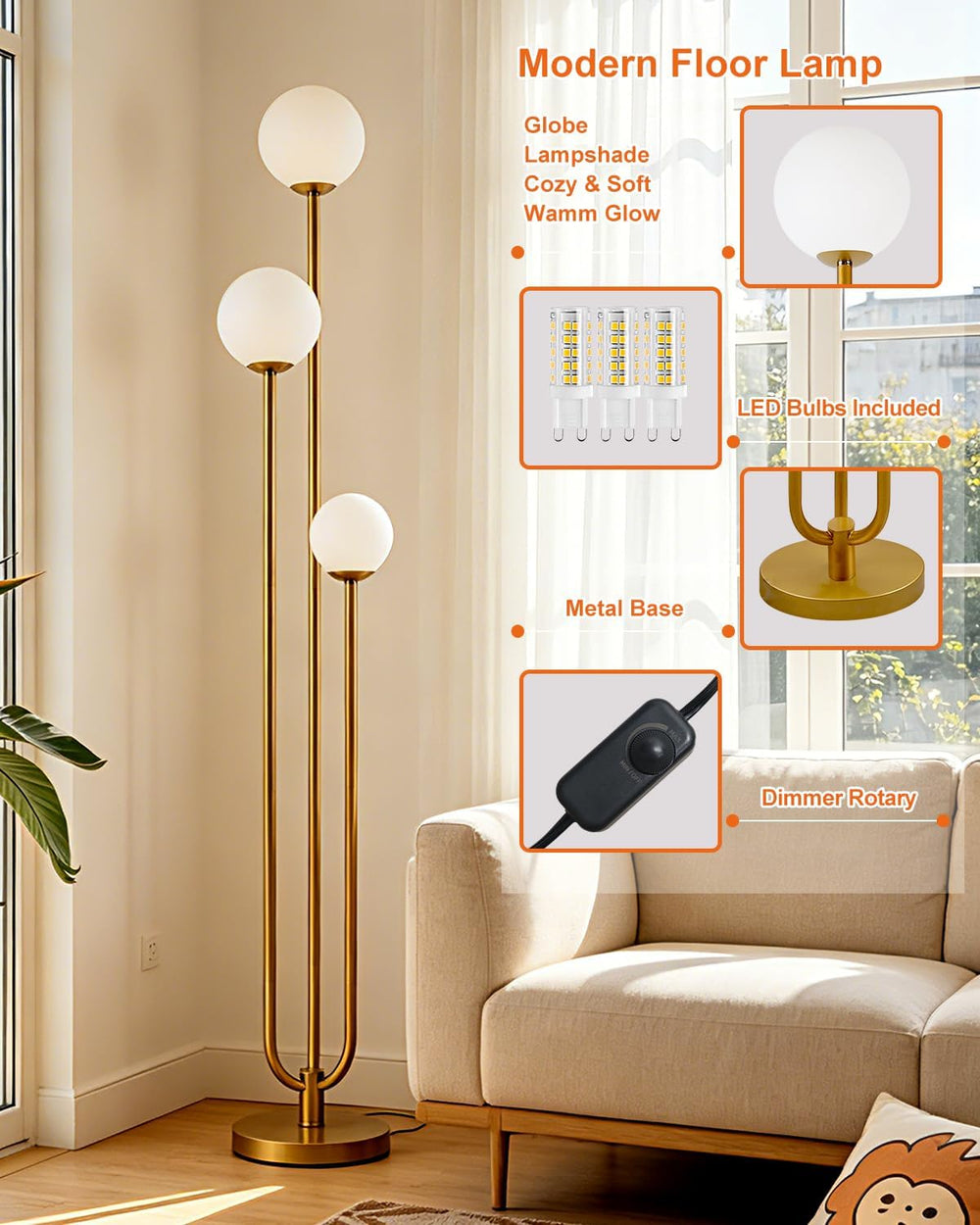 63IN 3-Light Dimmable Floor Lamp, Unique Gold Tall Standing Lamps with 3000K ...