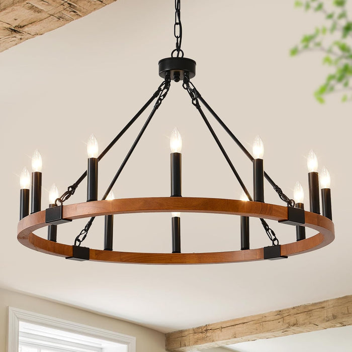 HHR 32" Wood Wagon Wheel Chandelier 12-Light Round Farmhouse Chandelier