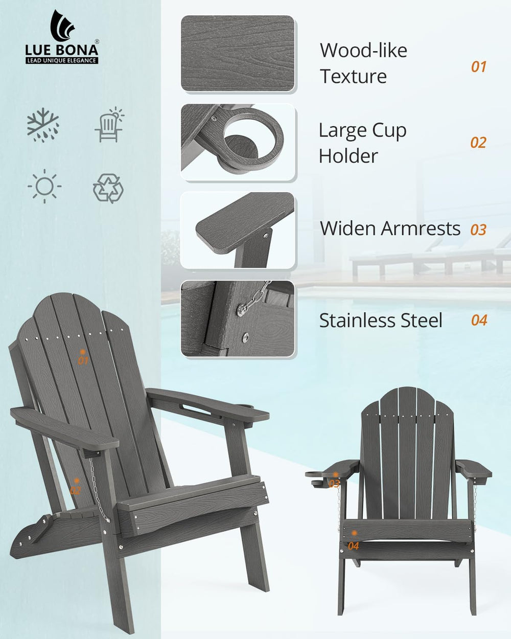 LUE BONA Folding Adirondack Chair, Cup Holder, Woodgrain, Fire Pit, Patio, Po...