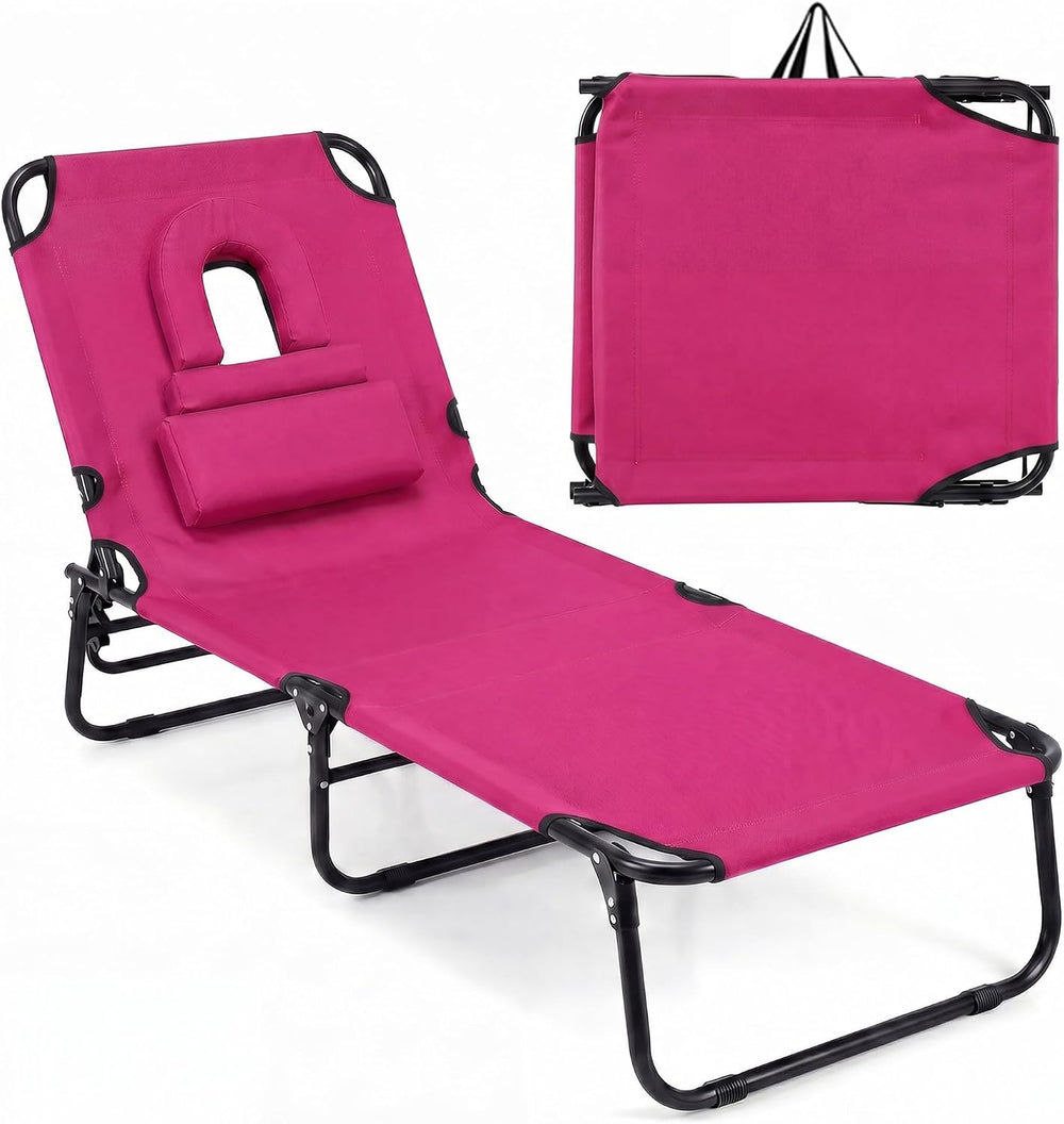 Goplus Tanning Chair, Folding Beach Lounge Chair with Face Hole, Removable Pi...
