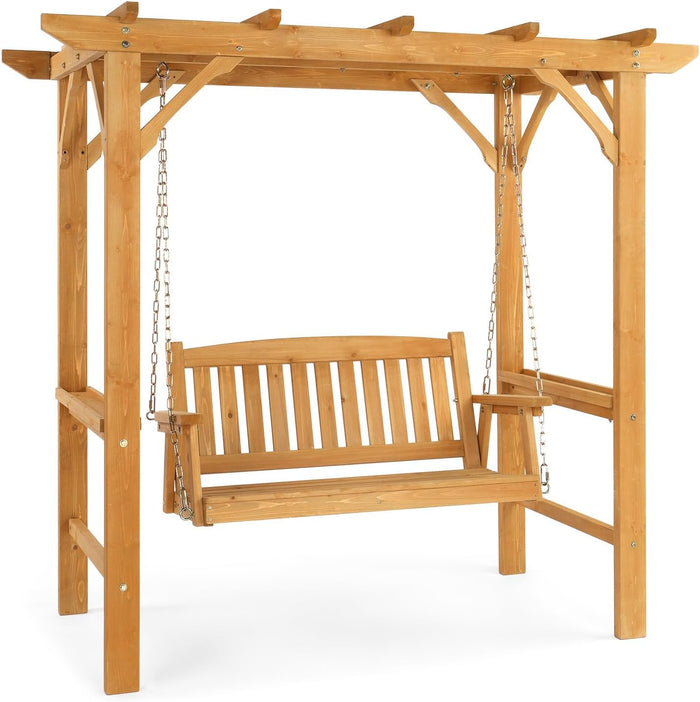 VINGLI 4 FT Wooden Porch Swing with Archway Stand, Outdoor Patio Swing