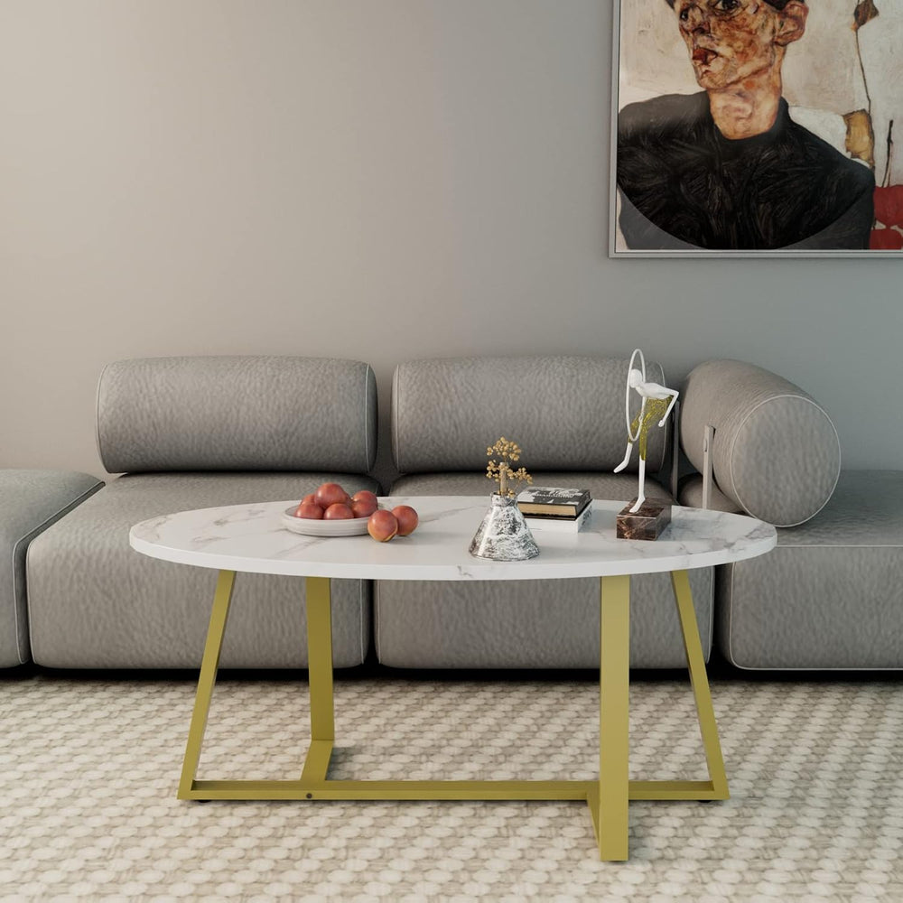 Wolawu Coffee Table White Faux Marble Coffee Table for Living Room,Oval Cente...
