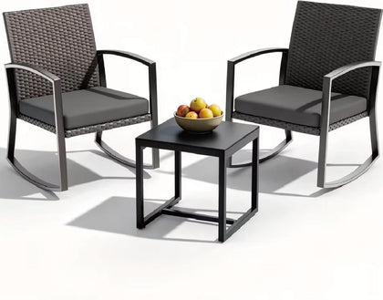 Rocking Patio Bistro Sets - All-Weather - 3 Piece Rattan Conversation Furniture Set, Wicker Outdoor Front Porch Chair for Balcony, Porch, Garden, Backyard, Poolside,Medium Gray