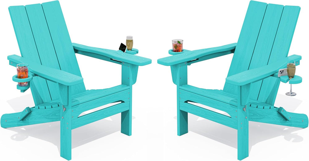 SERWALL Modern Folding Adirondack Chairs Set of 2, HDPE, Cup Holders, Teal