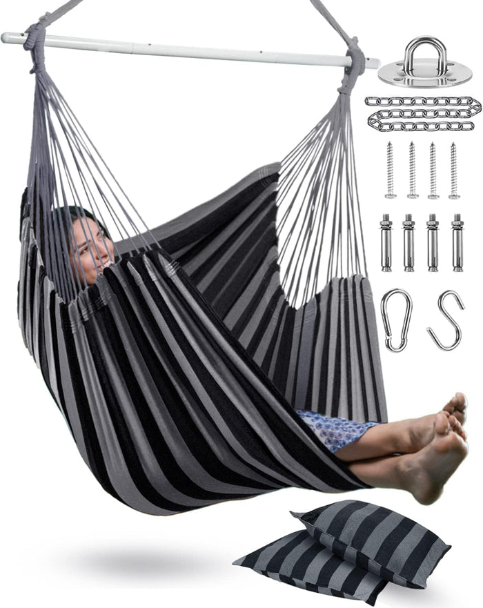 XXL Hammock Chair Hanging Rope Swing with 2 Cushions - Max 500lbs-Perfect for Patio, Porch, Bedroom, Backyard, Indoor or Outdoor - Includes Hanging Hardware Kits