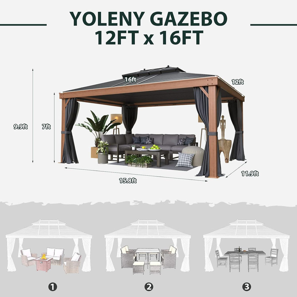 YOLENY 12' x 16' Hardtop Gazebo Faux Wood Grain with Aluminum Frame, ...