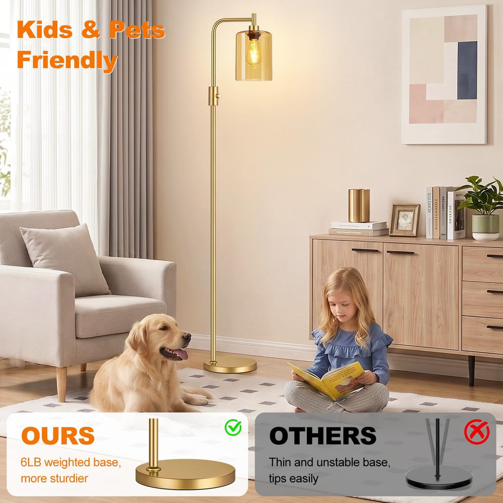 【Upgraded】 Dimmable Floor Lamp for Living Room with Amber Glass Lampshade, Go...