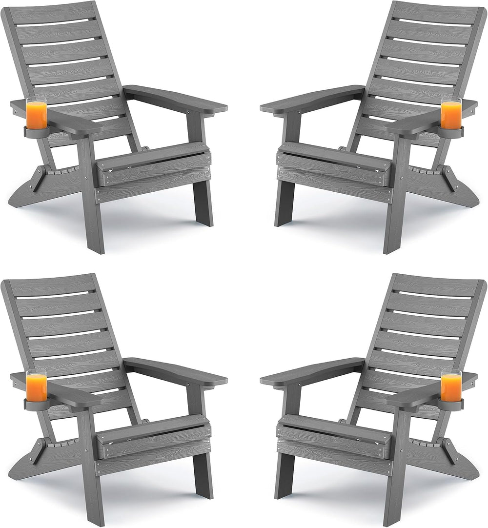 YEFU Adirondack Chair Set of 4 Outdoor, Arc Backrest & Cup Holder, Grey