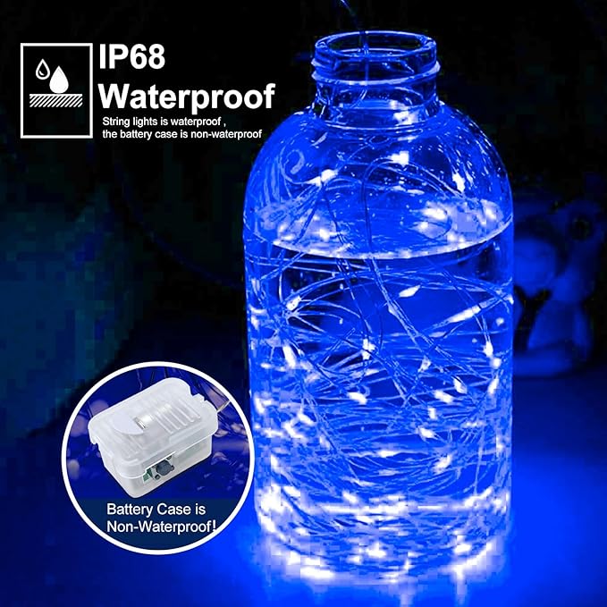 pozzolanas 100 Pack Blue Battery Operated String Lights - 7ft Waterproof Fire...