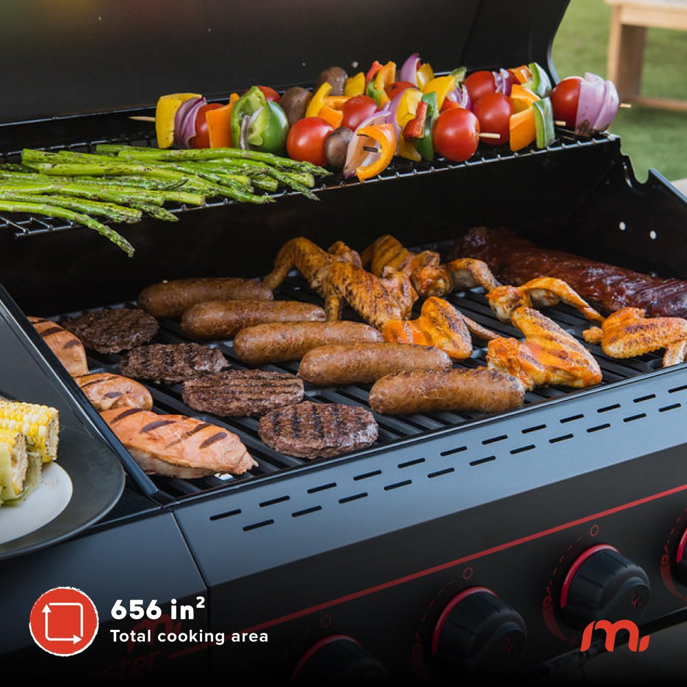 Megamaster Cart 5 Burner Gas Grill, Side Tables with Accessory Hooks, Black
