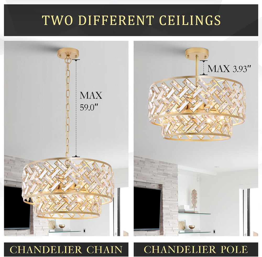 CATINER 20" Gold Crystal Chandelier, 6-Light Semi Flush Pendant