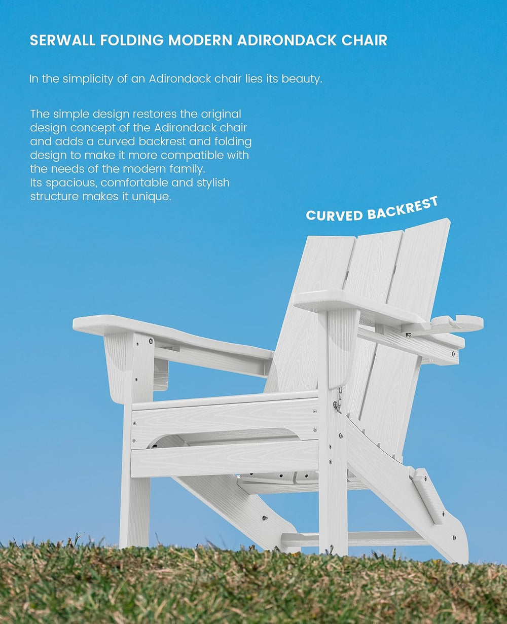 SERWALL Modern Folding Adirondack Chairs Set of 6, HDPE, Cup Holders, White