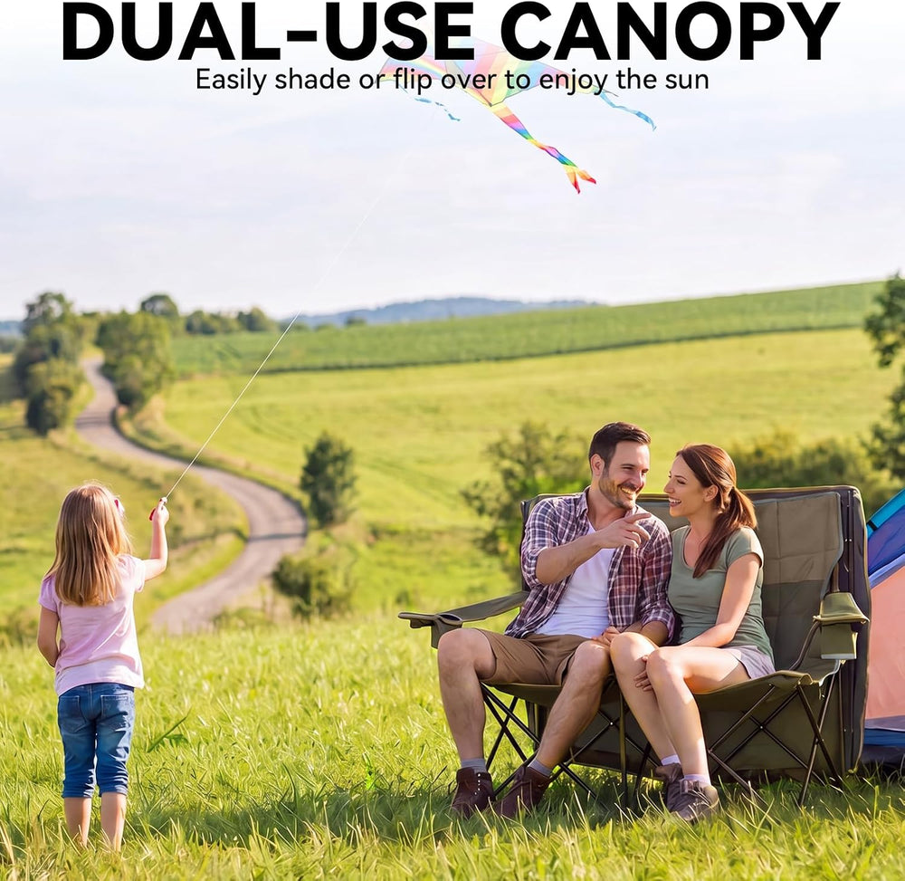 Padded Double Camping Chair With Canopy,Folding Chair Support 450LBS, Green
