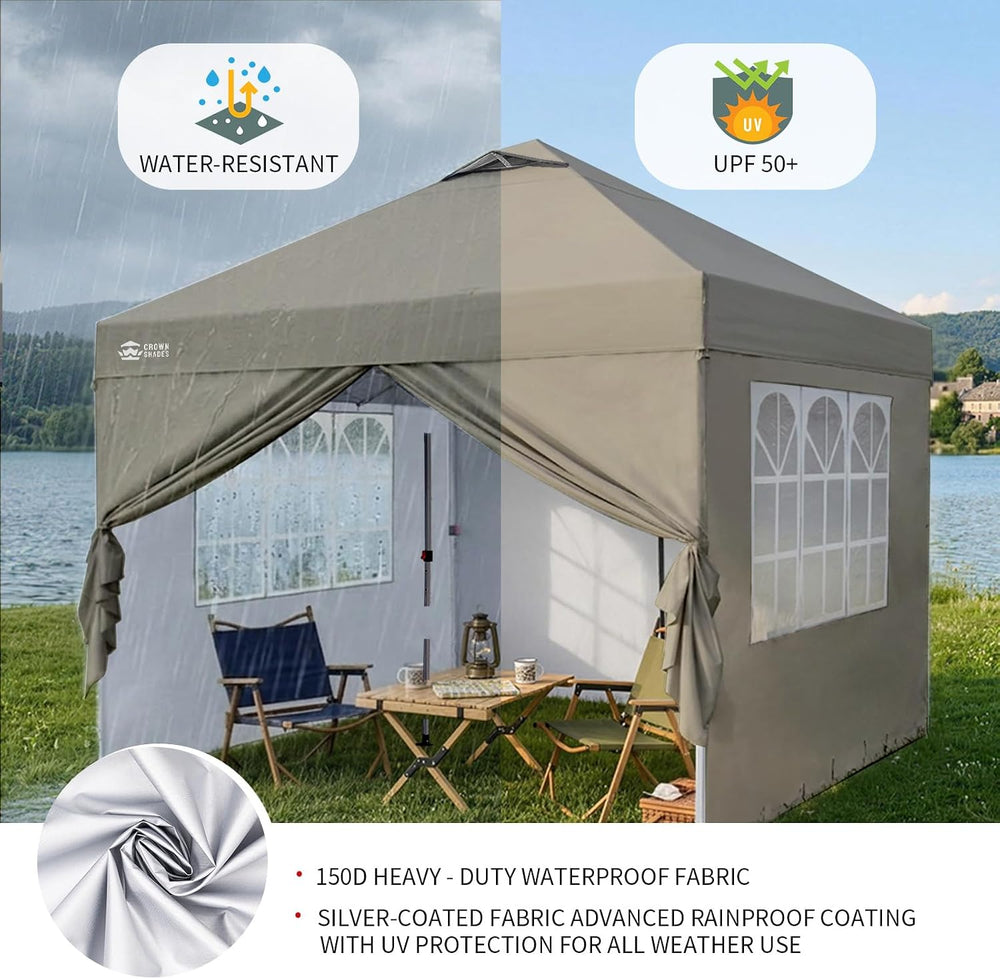 CROWN SHADES 10X10 Pop Up Canopy Tent with Sidewalls, One-Push Setup, Khaki