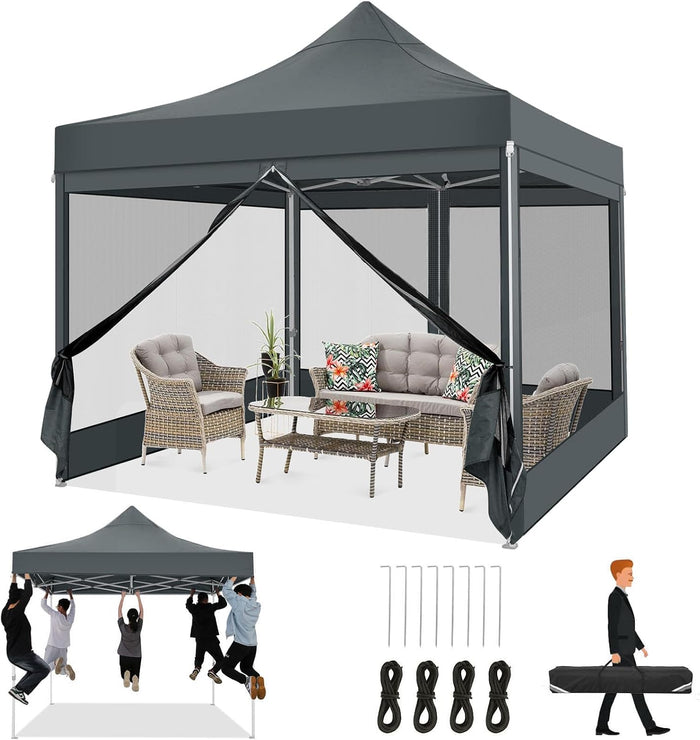 COBIZI 10x10 Heavy Duty Pop Up Canopy with 4 Mosquito Net Sidewalls, Gray