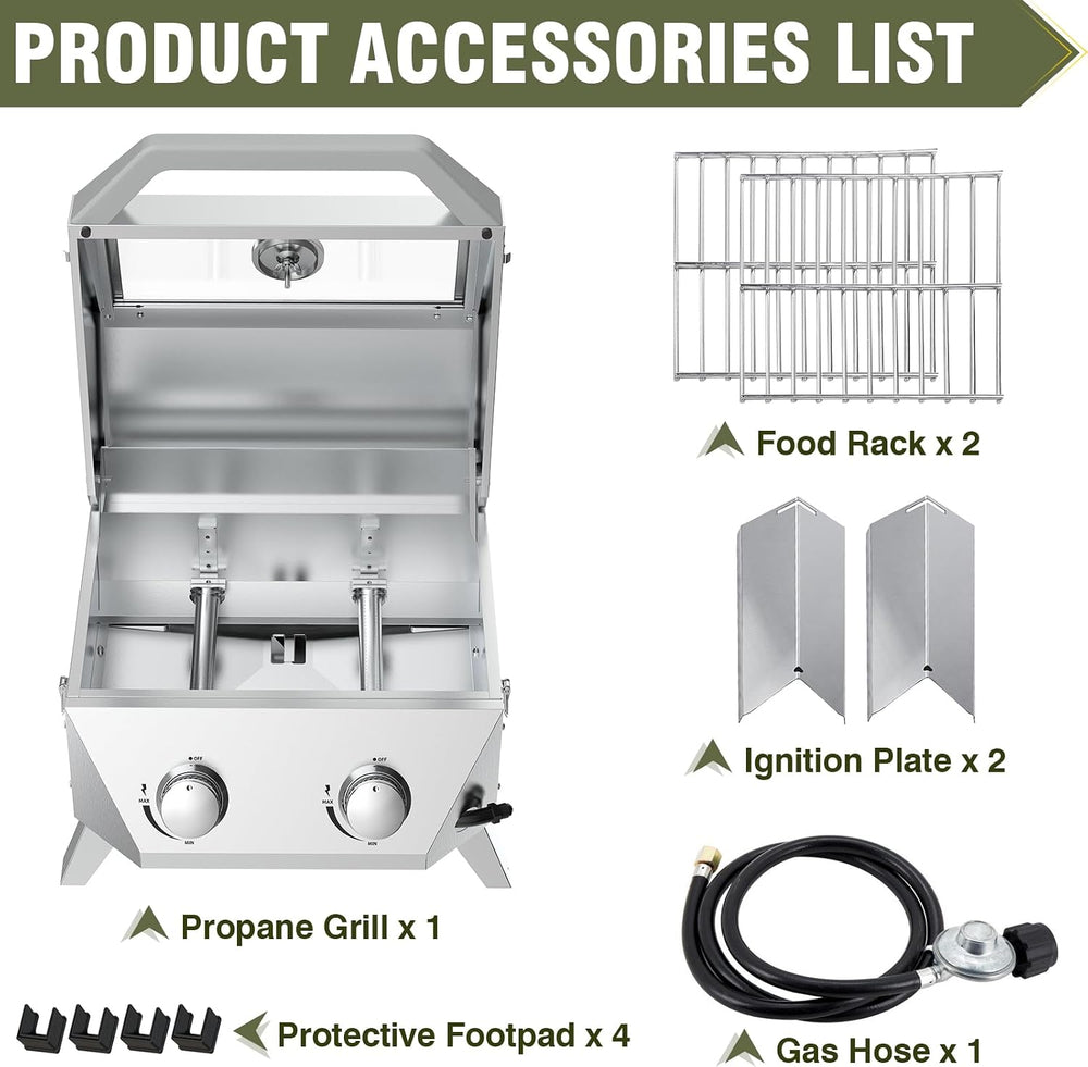 BESTFIRE Tabletop Gas Grill with 2 Burners & Viewing Glass Lid, 20,000 BT...