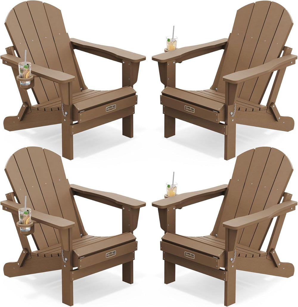 SERWALL Folding Adirondack Chair Set of 4 Patio Chair with Cup Holder-Brown