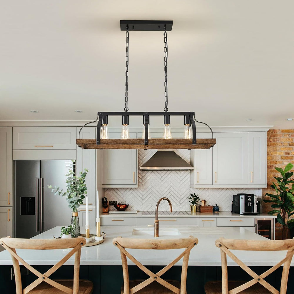 WUZUPS 5-Light Metal Chandelier Imitation Wood Grain Linear Pendant Ceiling L...