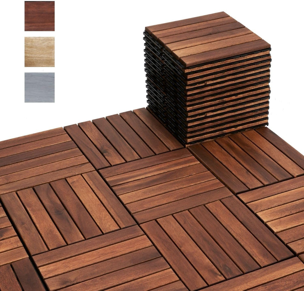 BEEFURNI Interlocking Acacia Wood Deck Tiles 12x12, 20PCS, Brown