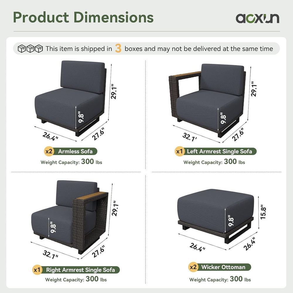 Aoxun Patio Furniture Set, 6 Piece Outdoor Sofa Set, Brown/Dark Gray