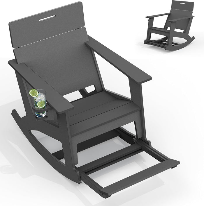 Ciokea Outdoor Rocking Chair with Pull-Out Footrest, Solid Backrest, Grey