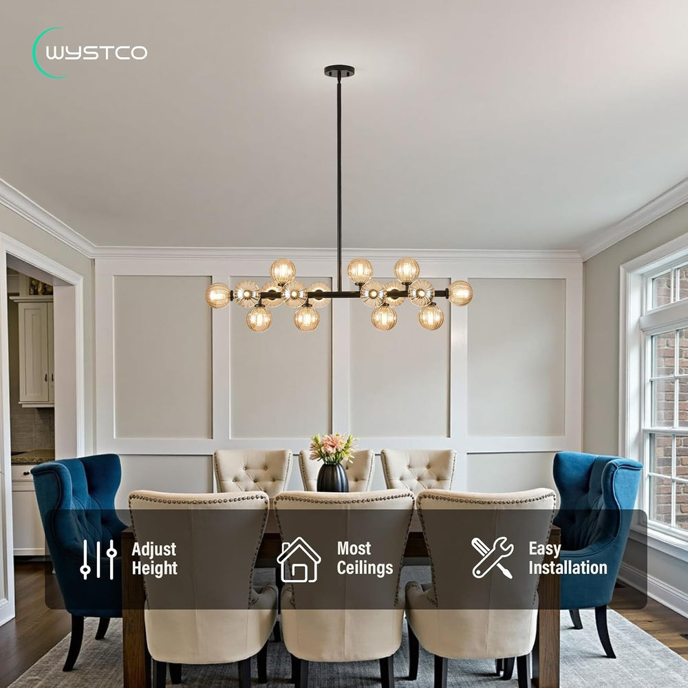 16-Light Glass Globe Sputnik Chandelier, Linear Dining Room Light Fixture Ove...