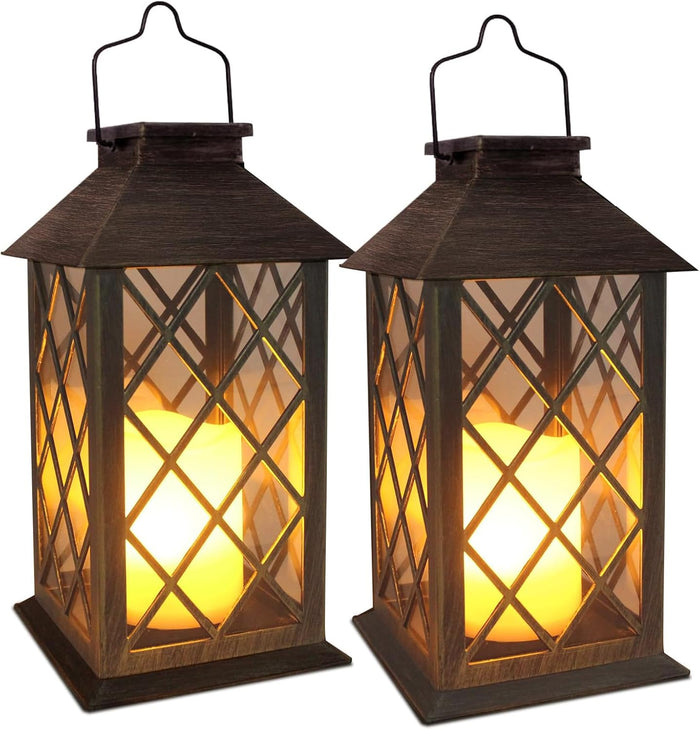 SHYMERY Solar Lanterns, Hanging Outdoor Lantern with Lasts 2X Longer LED Flickering Flameless Candles, Waterproof Outdoor Garden Lanterns Decorative for Patio, Porch,Deck, Yard, Table Decor 2 Pack