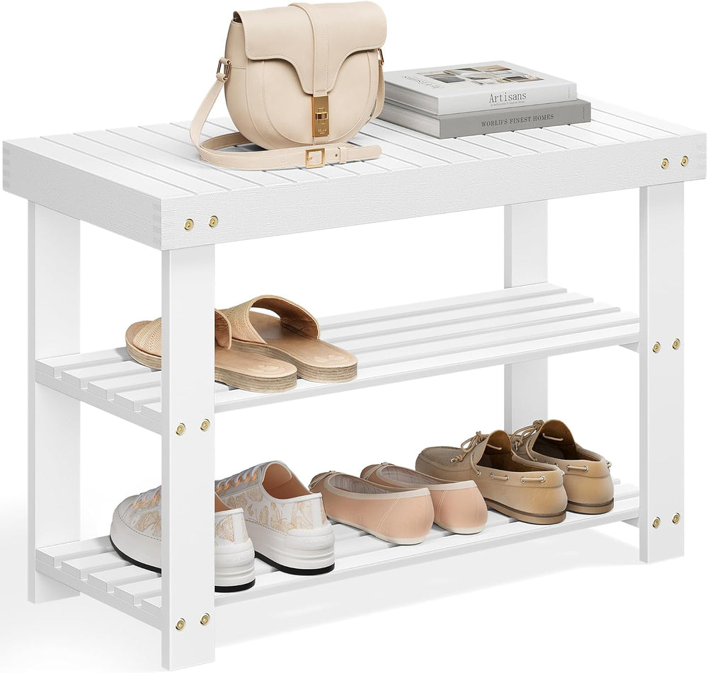 SONGMICS Shoe Rack Bench, 3-Tier Bamboo Entryway Bench, 27.6 Inches Width