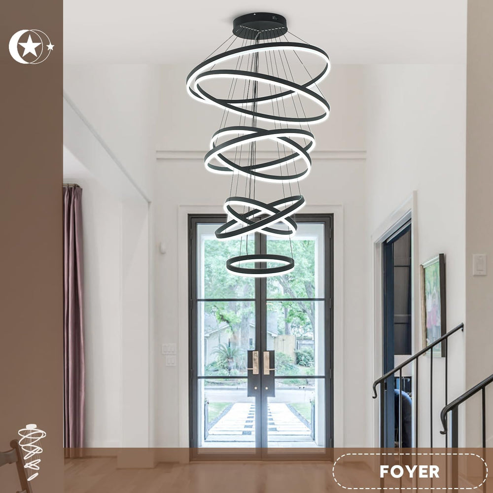 XGZL·LIGHTING 7-Rings Modern LED Chandelier Black D31.5’’ Contemporary High C...
