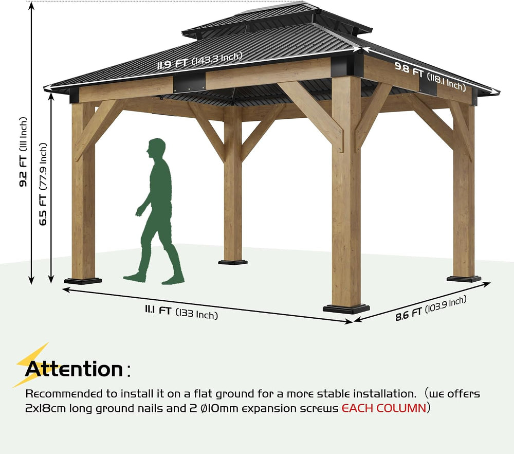 AMERLIFE 10x12 Wood Gazebo, Hardtop Gazebo with Spruce Frame and Double Metal...