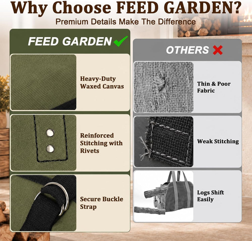 FEED GARDEN Extra Large Firewood Carrier, Waxed Canvas Log Carrier, Green