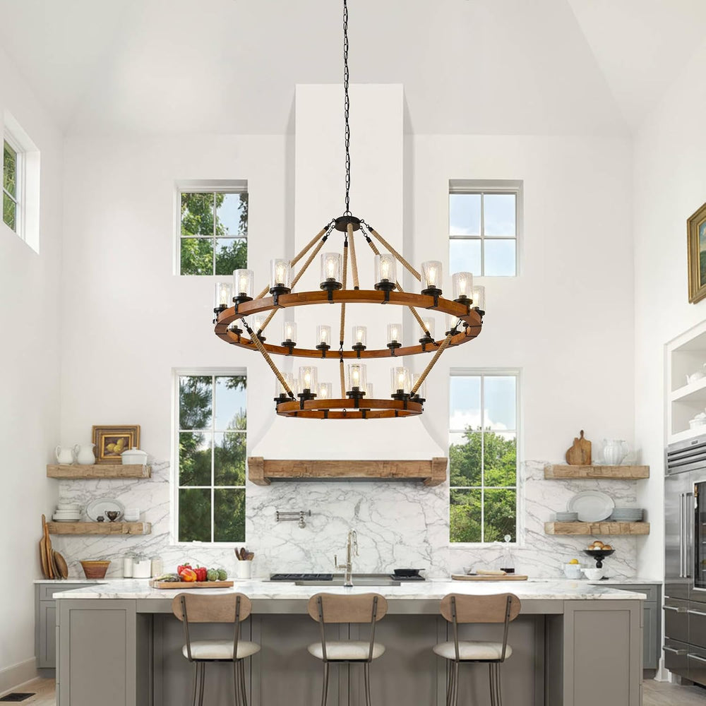 60" 2-Tier Wagon Wheel Chandelier 27-Light Extra Large Wood Chandeliers