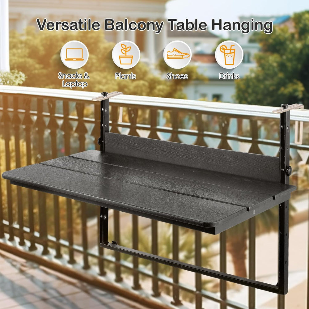 HDPE 39.3" Outdoor Folding Balcony Bar Table for Railings, Black