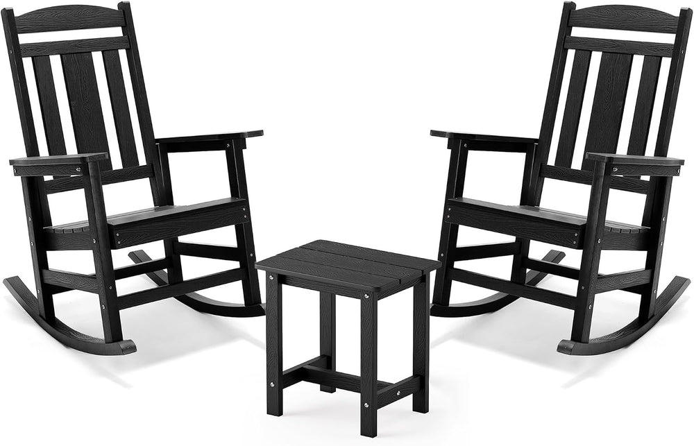 LUE BONA Outdoor Rocking Chairs Set, 3-Piece, HDPS Poly Porch Rockers with Ta...