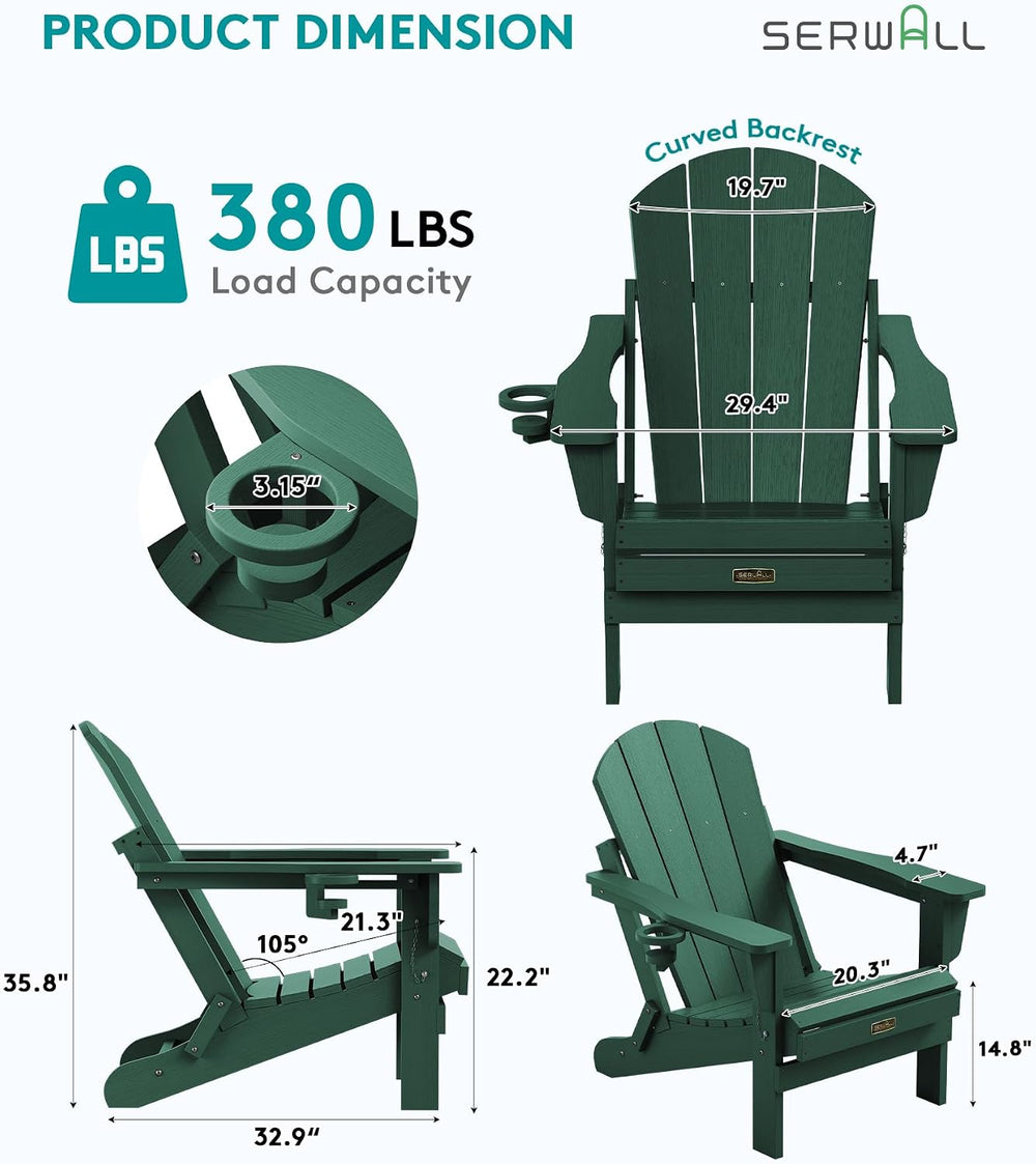 SERWALL Folding Adirondack Chair with Cup Holder, Outdoor Fire Pit - Green