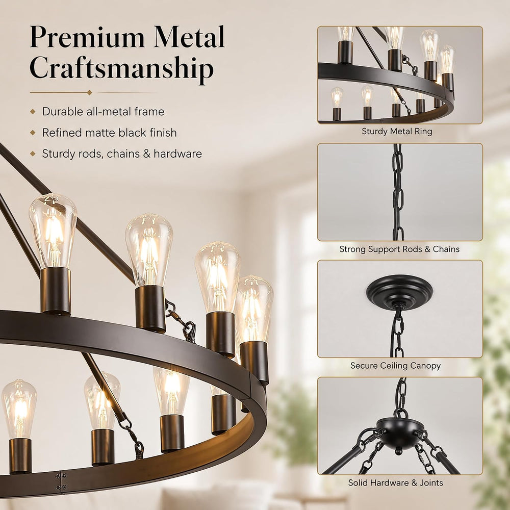 Black Wagon Wheel Chandelier, 40 Inch 20-Light Round Farmhouse Pendant Light ...