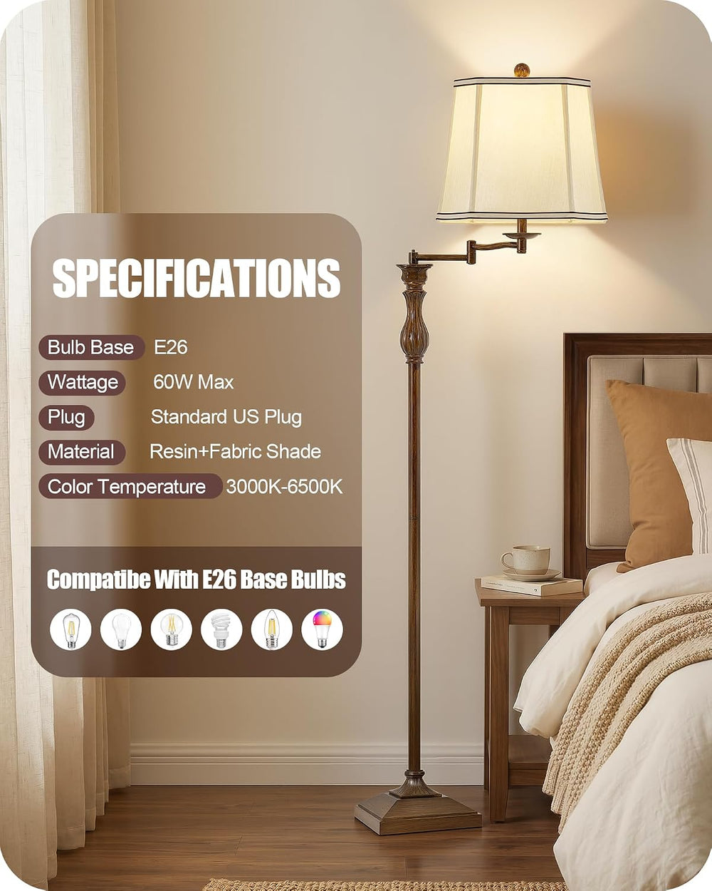 Luvkczc 62" Floor Lamp for Living Room with 350°Adjustable Swing Arm