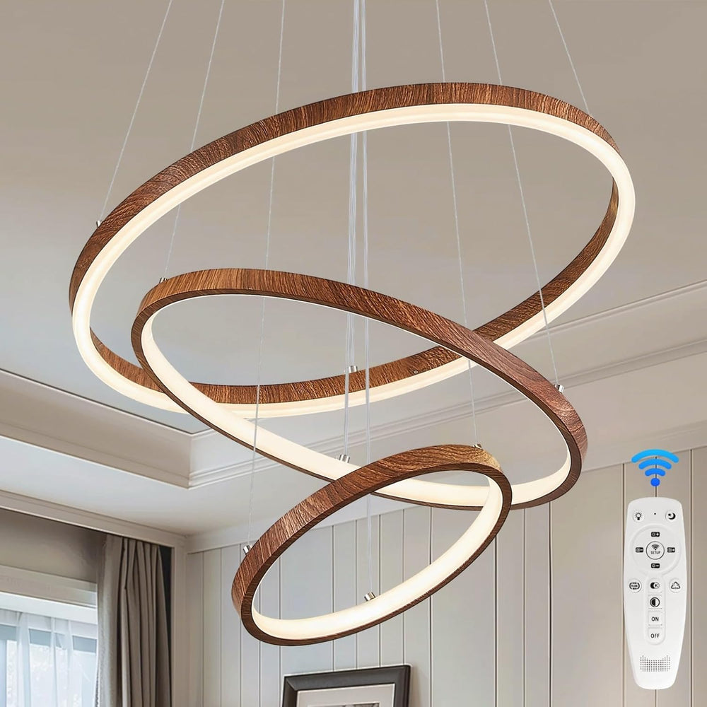 GlowHub 3-Ring Modern LED Chandelier, Wood Grain Round Dimmable Pendant Light...