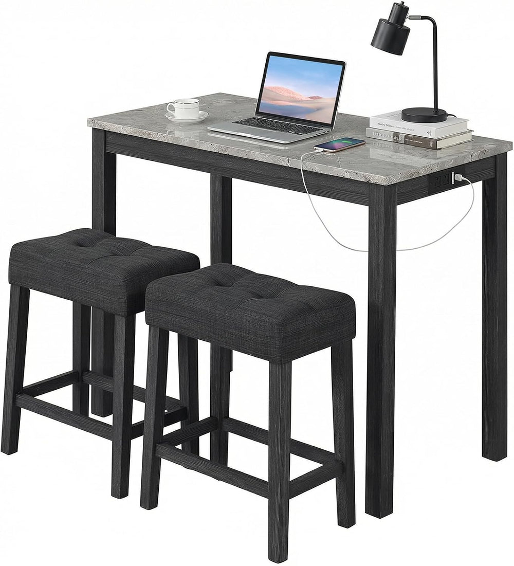 COSTWAY 3-Piece Wooden Bar Table Set with Charging Station