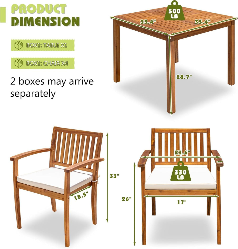 Flamaker 5 Pieces Outdoor Dining Set Acacia Wood Outdoor Table and Chairs