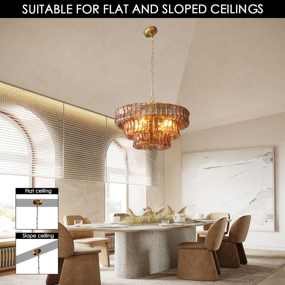 YIOSI Modern Amber Glass Chandelier，23" Gold Round Chandelier for Dining...