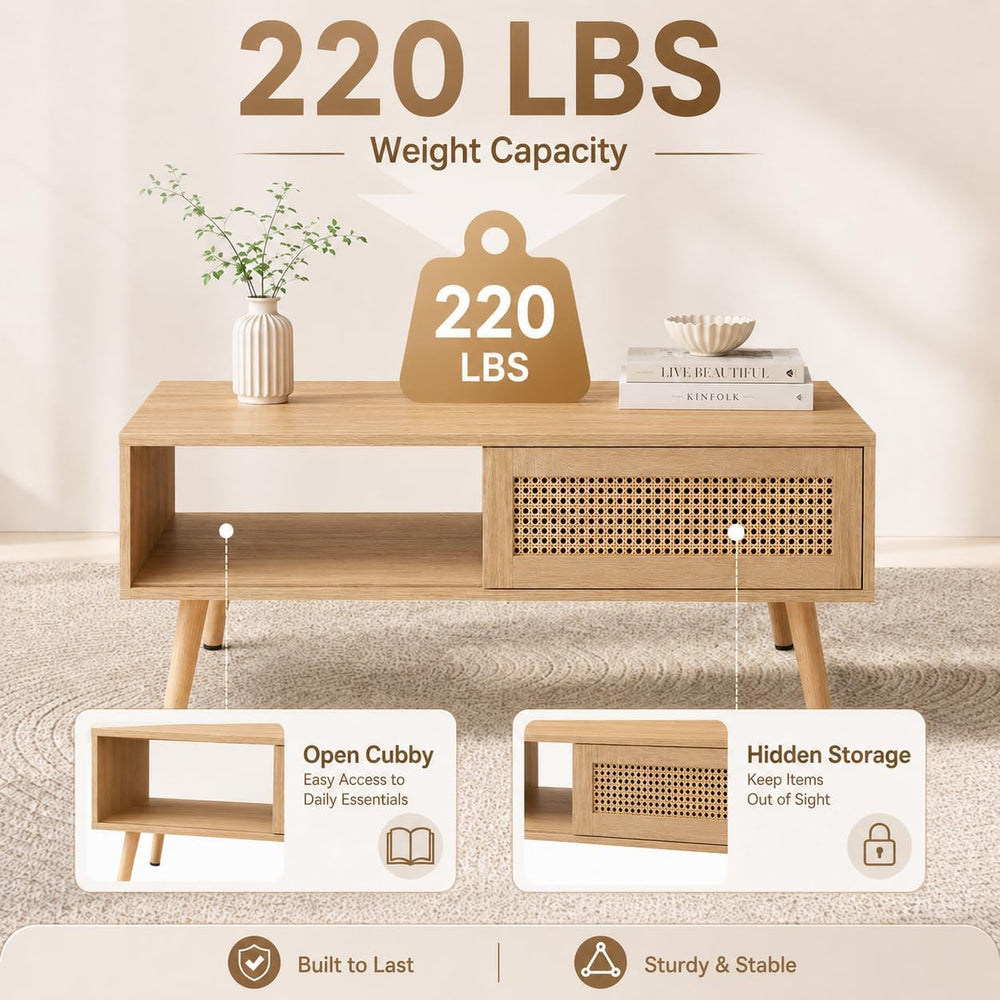 Rattan Coffee Table with Sliding Storage Door, 41.34'' Rectangular Wo...