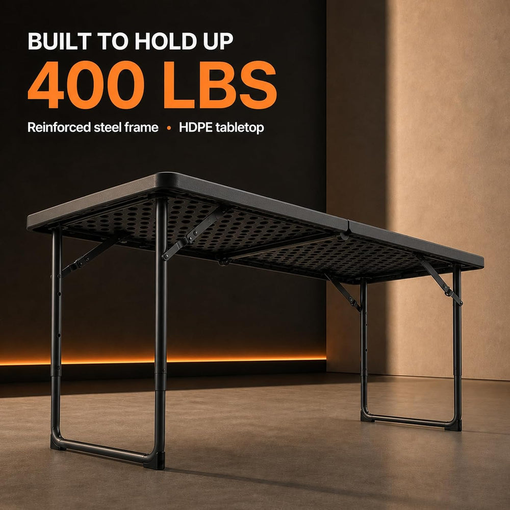 4FT Folding Table 3 Levels Adjustable Height, Heavy Duty Fold-in-Half Portabl...