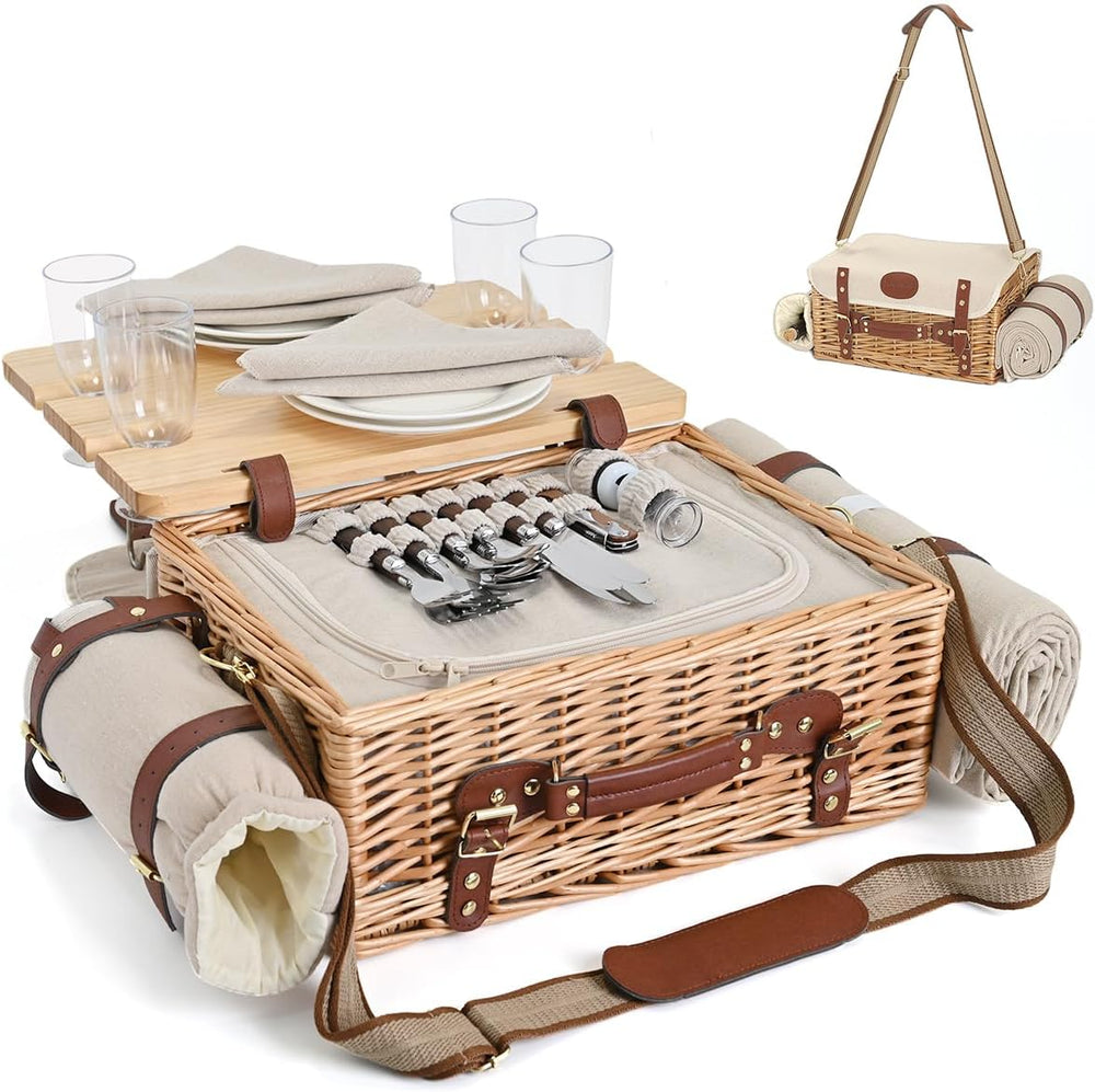 Multifunctional Wicker Picnic Basket Set for 4 with Blanket and Picnic Table,...
